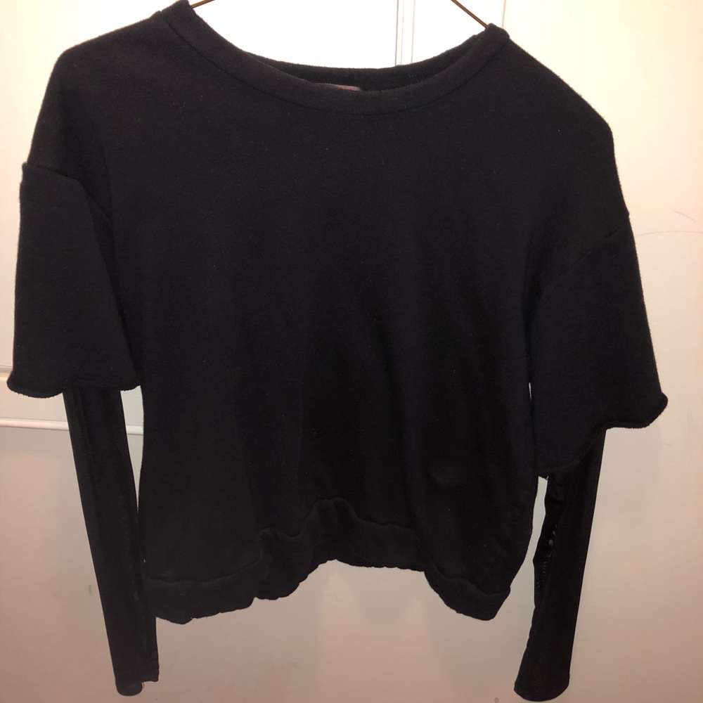 Rock rose culture black sweater with mesh sleeves.